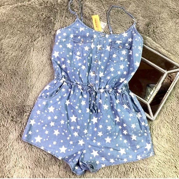 Celestial patriotic blue denim stars strappy shorts romper 100% cotton organic - Picture 2 of 11